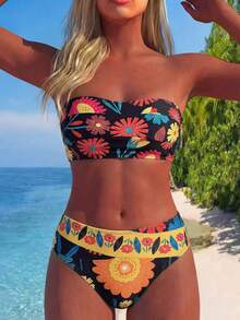 Swim Lushoire Swim Suits For Women Women's Summer Beach Color Block Bandeau Sexy Bikini Set - Multicolor - View 7
