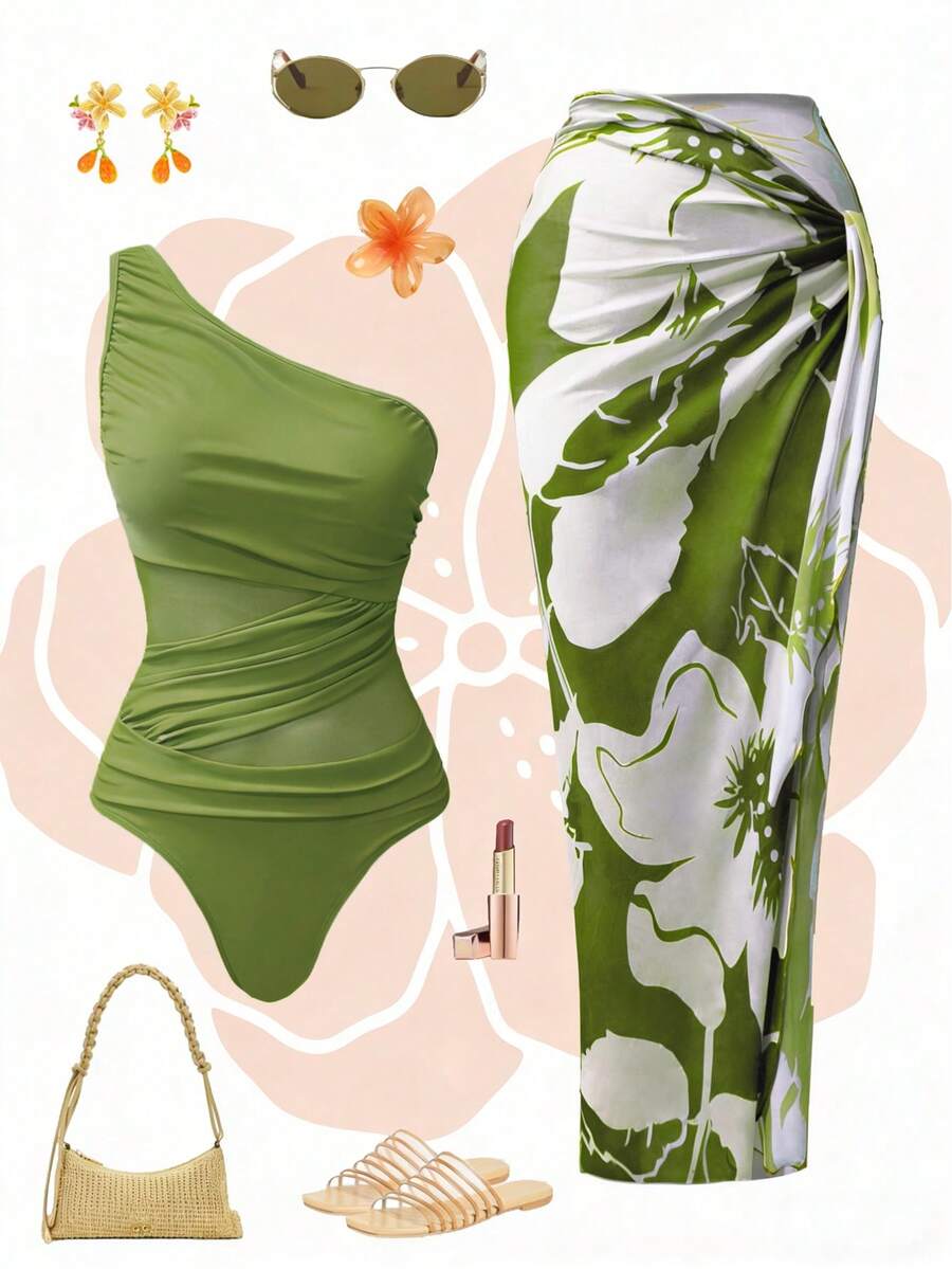 Swim Oasis 2件套女士纯色褶皱连体泳衣配印花纱笼 - 薄荷綠 - 查看 1