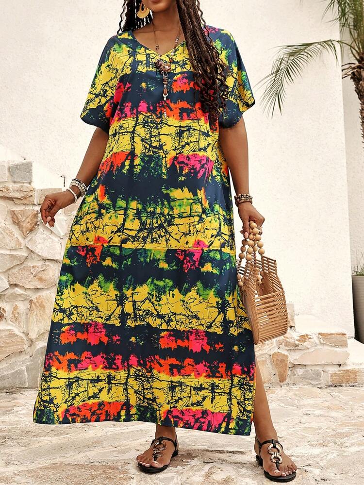 Plus Size Women's Loose Floral Print Casual Vacation Summer Tie-Dye Vent Long Beach Dress