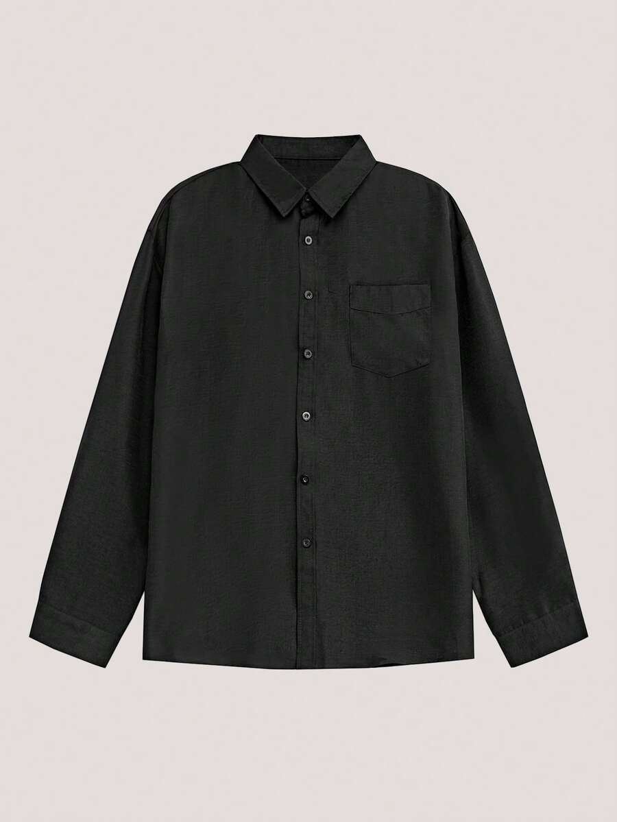 Whitmere Men's Solid Color Long Sleeve Button Up Shirt, Loose Fit Casual Pocket Shirt, Retro American Streetwear, Unisex Spring Autumn Top - Black - View 1