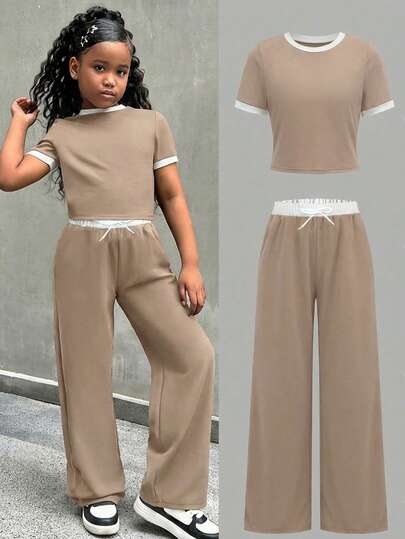 Tween Girls Knit Patchwork Crew Neck Short Sleeve Sports Set