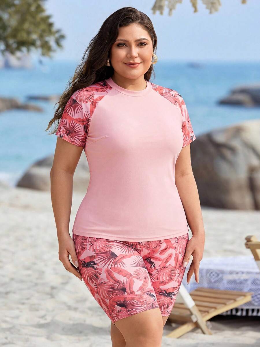 Swim Lushoire 大码女式热带植物印花插肩袖短裤休闲背心套装 - 粉色 - 查看 1