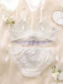 DelicateAllure 2pcs Plaid Underwire Molded Cup Underwire Lace Trim Multi-Tier Ruffle Bow Kawaii Cute Lolita Style Comfy Balconette Bra Set For Women - Purple - View 2