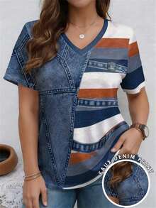 EMERY ROSE Patchwork Muster Twill Textur Rundhals Kurzarm Casual T-Shirt in Große Größen, Frühling - Weiss - Übersicht 1