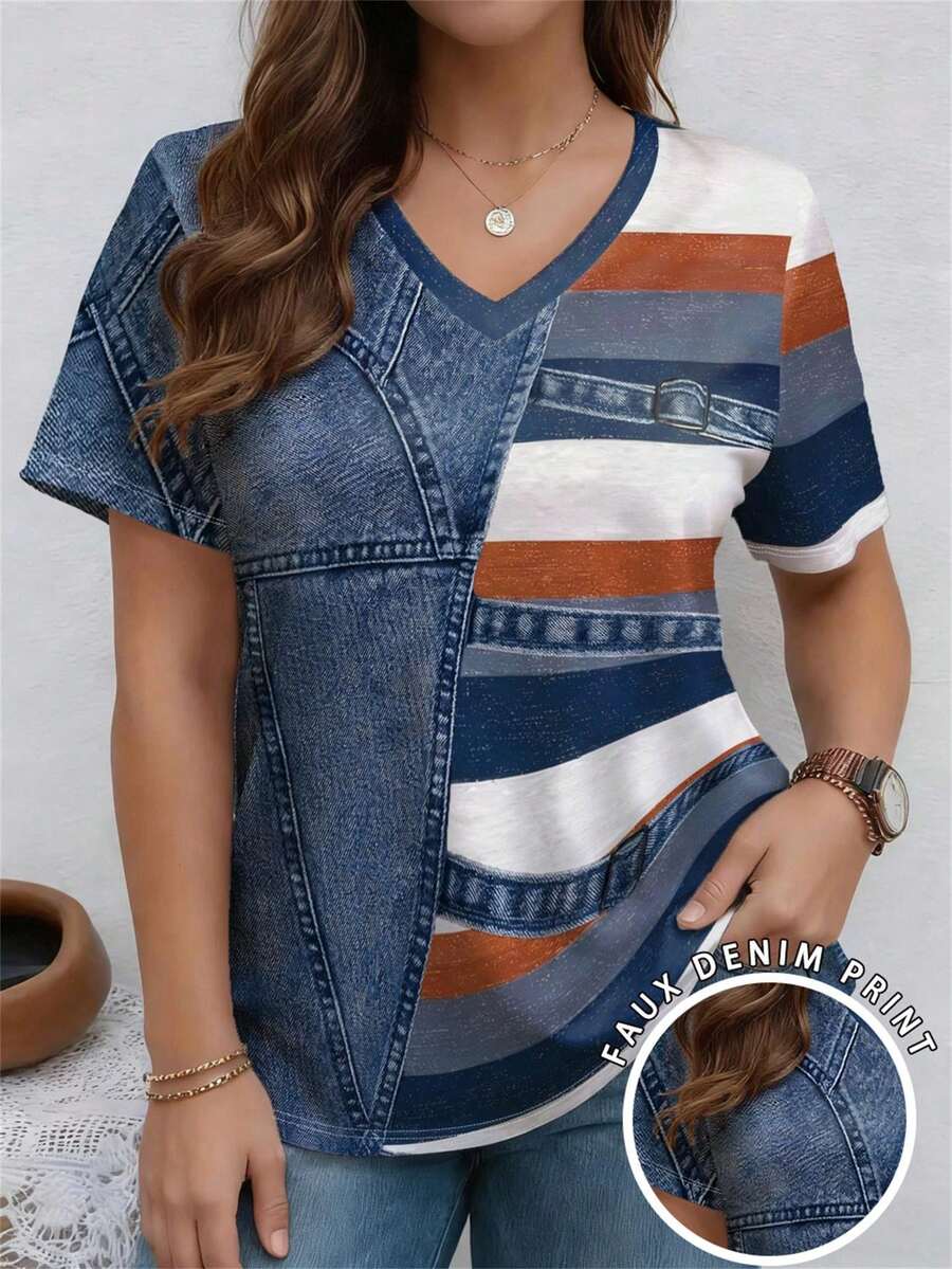 EMERY ROSE Patchwork Muster Twill Textur Rundhals Kurzarm Casual T-Shirt in Große Größen, Frühling - Weiss - Übersicht 1