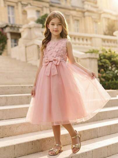 Girls' Sweet Floral Mesh Waist Flare Short Dress, High-End Formal Gown For Wedding, Party, Birthday, Banquet, All Seasons