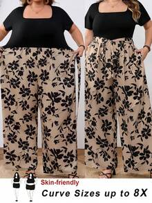 SHEIN CURVE+ Plus Size Women Holiday Floral Print Patchwork Short Sleeve Loose Jumpsuit - Multicolor - View 10