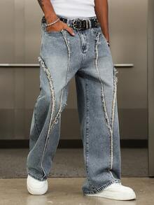 Manfinity EMRG Quần jeans ống rộng rách phối nhiều mảnh theo phong cách đường phố dành cho nam giới. - Rửa trung bình - Xem 1
