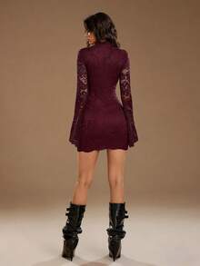 TRNVIE Summer Burgundy Autumn Elegant Seductive Night Out Lace Bodycon Dress,Vintage Mandarin Collar Hollow Out Flare Sleeve, Cocktail Party Dresses - Burgundy - View 2