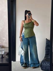 POPSWAY Women's Summer Metal Webbing Splice Decor Solid Color Hollow Asymmetric Hem Fitted Camisole, Fashionable Casual, Suitable For Music Festivals - Green - View 8
