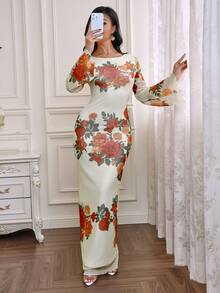 Modelyn 女士碎花优雅收腰中长连衣裙，适合派对和聚会，假日碎花连衣裙，女士夏季假日装扮，女士碎花连衣裙，花朵印花连衣裙，优雅碎花连衣裙，茶会连衣裙，长袖碎花连衣裙 - 彩色 - 查看 4