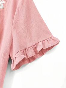 Linhara Plus Size Women Casual Minimalist Countryside Style Small V-Neck Cotton Embroidered Ruffle Cuff Loose Blouse - Pink - View 7