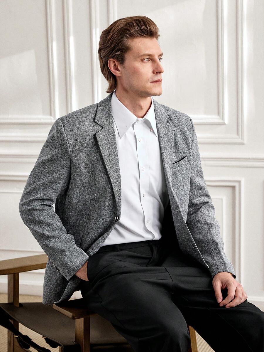 Officeau Men Lapel Neck Single Button Blazer Without Tee - Light Grey - View 1