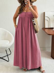 Ceyna Plus Size Women Solid Color Pleated Casual Jumpsuit With Wide Leg - Pink - View 3