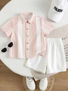 Young Boys' Yellow White Summer Vacation Shirt,Casual Comfortable Fashion Minimalist Soft Fabric For Daily Wear,Travel,Outdoor,Holiday Beach,Spring - Pink - View 5