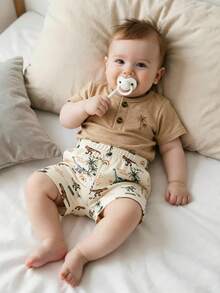 2pcs/Set Newborn Baby Boy Short Sleeve Outfit - Coconut Tree Decorated Top + Dinosaur Print Shorts, Soft & Comfortable Fabric, Casual Style, Refreshing Summer Wear, Versatile Newborn Set - Multicolor - View 8