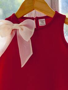 Baby Girls Winter,Wednesday,Black Dress,Baby Girl Round Neck Sleeveless Bowknot Decor Pearl Studded Contrast Color Pleated Ruffle Hem Dress Red Girls Dress With Pearls Red Dress For Girl Girls Pearl Dress Red Bow Dress For Girl - Red - View 4