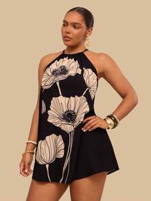 Travachic Plus Size Women Floral Print Casual Halter Neck Dress - Black - View 7
