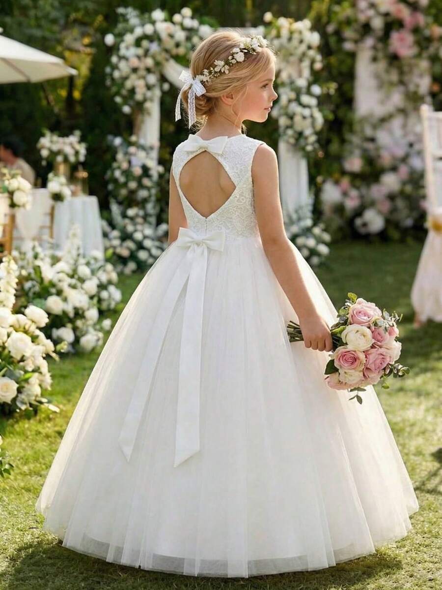 SHEIN 少女优雅圆领无袖蕾丝撞色网纱露背蝴蝶结装饰婚礼花童伴娘公主派对礼服 - 白色 - 查看 1