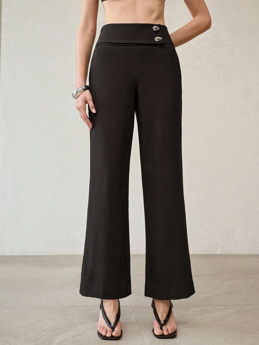 MOTF PREMIUM HIGH WAIST METAL DECOR LOOSE STRAIGHT LEG SUIT PANTS - Black - View 2