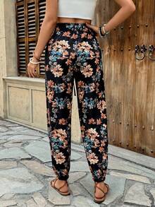 SHEIN PETITE Quần nữ ống côn, cạp chun, in họa tiết cây nhiệt đới, có túi, thích hợp cho mùa hè. - màu đen - Xem 2