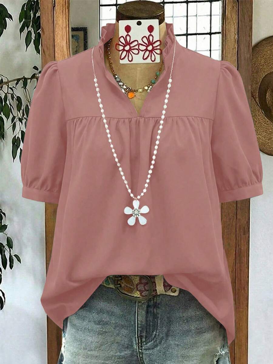 Linhara Blusa de manga corta abullonada de unicolor para mujer de talla grande, adecuada para el Día de San Valentín & primavera - Rosa vieja - Ver 1