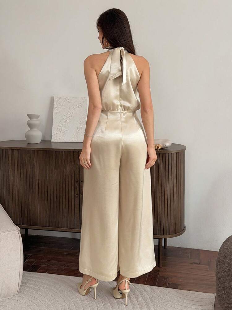 Women's Elegant Solid Color Halter Wide Leg Jumpsuit, Summer Jumpsuit For Women Lounge Sets For Women