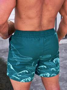Manfinity KASUA Shorts de Praia Masculino Plus Size com Estampa de Baleia e Onda Azul-Verde, Shorts de Banho Casuais de Verão para Férias e Férias com Cordão na Cintura - Azul cadete - Visão 2
