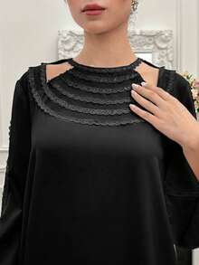 Yasmyna Women's Solid Color Contrast Lace Lantern Sleeve Elegant Arabic Style Dress - Black - View 4