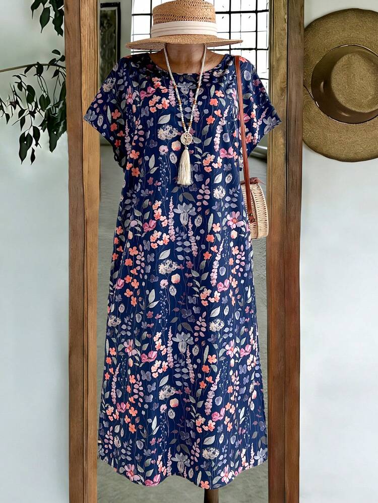 Plus Size Women's Summer Casual Vacation Floral Print Batwing Sleeve Loose Dress,Summer Outfits For Women,Country Concert Outfit ,Women's Country Clothing , Casual Dresses For Women Summer Holiday Outfits