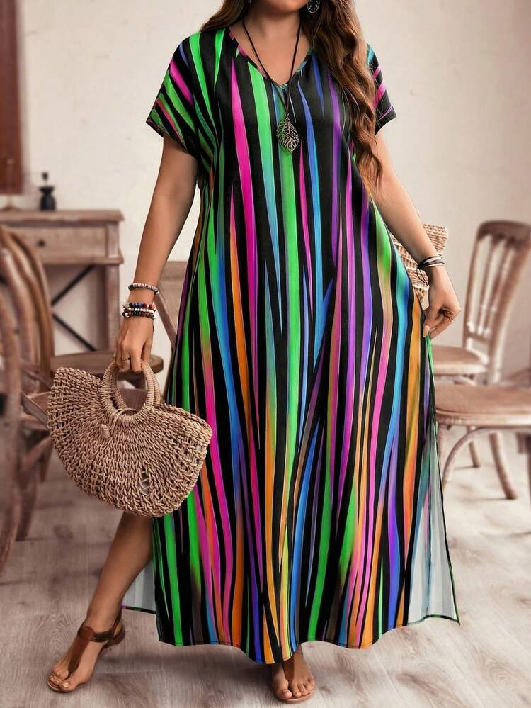 Plus Size Women's Striped Color Block Side Reflected Color Striped Maxi Long Beach Dress For Vacation Summer Dress Summer Outfits Summer Clothes Spring Dress Spring Outfit Women Spring Clothing Floral Dress Floral Dresses For Women Beach Vacation Outfits For Women Vacation Dress Bohemian Women's Summer Dresses Women Vacation Outfit Women Summer Outfits Zebra Dress For Women