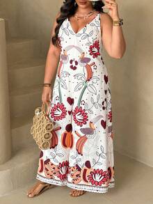 Ceyna Plus Size V-Neck Printed Sleeveless Wide Leg Jumpsuit With Invisible Zipper At Back - Multicolor - View 5