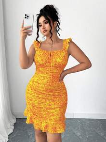 Elenzga Plus Size Women's Spring/Summer Vacation Floral Print Dual-Color Pleated Flutter Sleeve Ruffle Hem Tie Front Bodycon Mini Dress - Orange - View 1