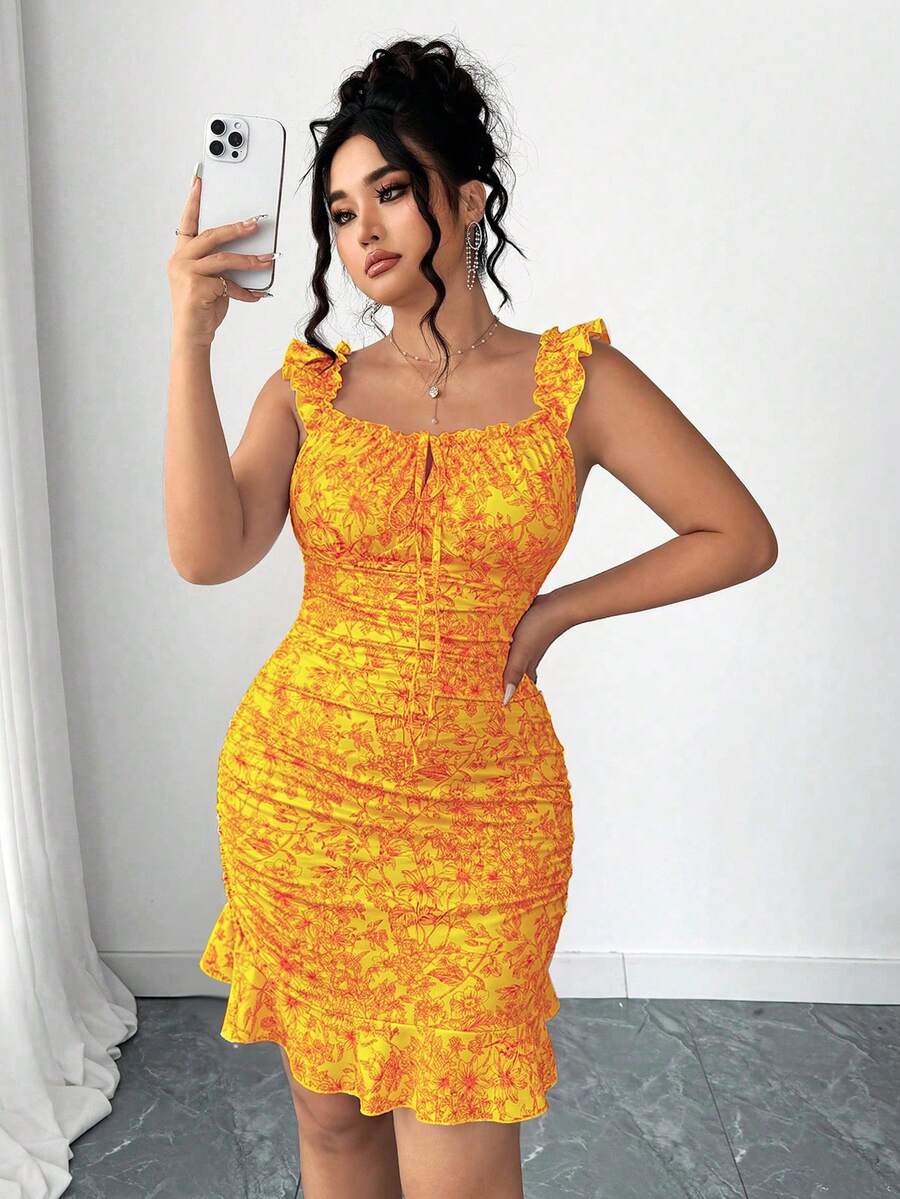 Elenzga Plus Size Women's Spring/Summer Vacation Floral Print Dual-Color Pleated Flutter Sleeve Ruffle Hem Tie Front Bodycon Mini Dress - Orange - View 1