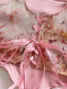 Soleia 女士复古蓝色宫廷风彩色花卉提花两件套：纽扣吊带露脐上衣和迷你裙，春夏款 - 粉色 - 查看 5