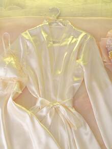 Women's Sexy Mesh Contrast Lace Camisole Nightgown & Robe Set, Cute Sleepwear - Apricot - View 4