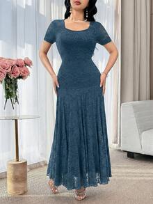 Modelyn 新款刺绣蕾丝袖镂空设计雪纺优雅连衣裙 - 藍色 - 查看 5