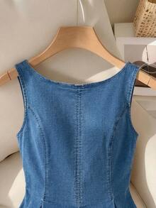 SHEIN MOD 女士圆领褶皱休闲百搭约会外出牛仔上衣 - 中等水洗藍 - 查看 3