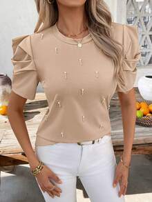 SHEIN Clasi Áo thun ngắn tay nữ thanh lịch đính ngọc trai, thích hợp cho mùa hè. - Màu Khaki - Xem 8