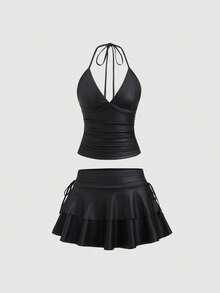 Sweetra Women's Solid Color Pleated Halter Neck Camisole And Mini Skirt 2-Piece Set, Spring/Summer - Black - View 7