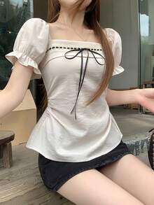 DAZY 女士方领韩版休闲短袖衬衫，春夏可爱上衣 - 杏色 - 查看 6