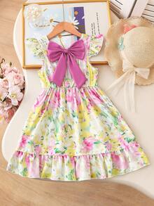 SHEIN Elladie kids 少女夏季碎花圆领喇叭袖露背蝴蝶结腰带荷叶边下摆休闲优雅连衣裙，适合休闲、度假、旅行、田园风格 - 彩色 - 查看 8