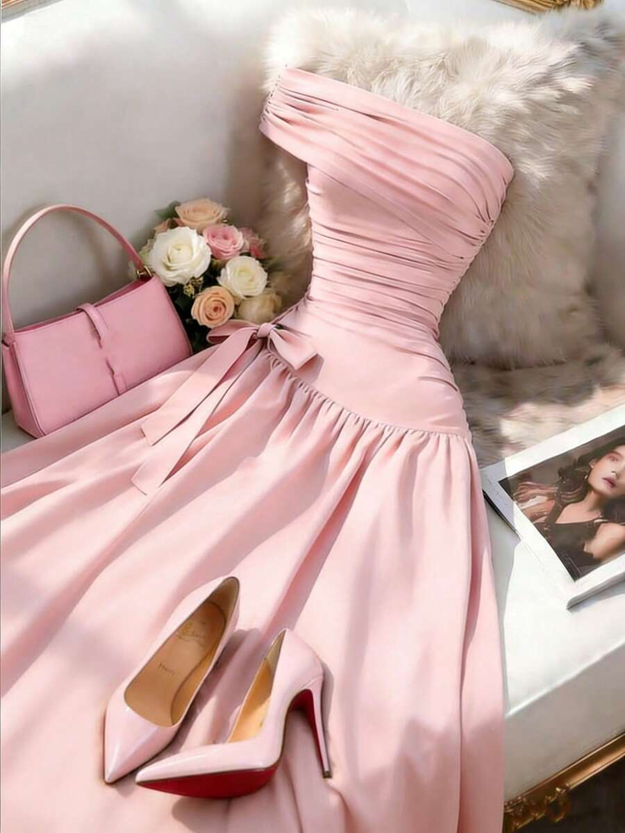 GlowEve Đầm nữ màu trơn xếp ly thắt nút bên hông, dáng dài ngang gối, thanh lịch. - Hồng - Xem 1