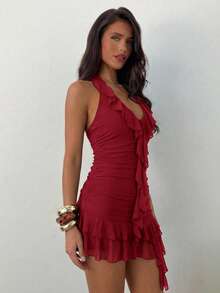 Vestido mini con cuello halter y volantes de unicolor para mujer - Burdeos - Ver 5