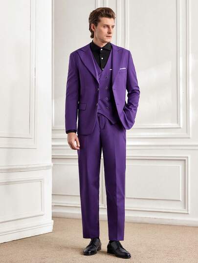 Officeau 男士时尚新款纯色修身弹力正装三件套西装套装，包含双排扣背心和裤子，适合工作/正式场合