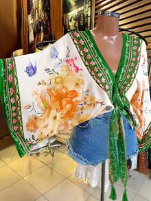 Franclia 大码女式V领印花撞色优雅复古休闲系腰衬衫，春夏款 - 彩色 - 查看 1