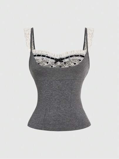 ROMWE Kawaii 1pc Women's Lace Trim Sweet Camisole, Looks Like Two Pieces, Suitable For Valentine's Day