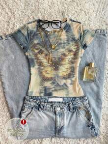 IslaSuriya Camiseta de manga corta con estampado digital de mariposa y adornos de diamante de imitación para mujer de talla grande - Multicolor - Ver 1