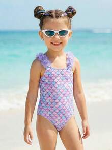 SHEIN Áo tắm liền thân cổ yếm in họa tiết vảy cá chuyển màu cho bé gái, kiểu dáng đi biển, mùa hè. - Nhiều màu - Xem 3