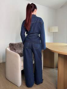 Abrilcols 秋冬新款宽松休闲做旧洗水收腰女式牛仔套装 - 深色水洗藍 - 查看 2